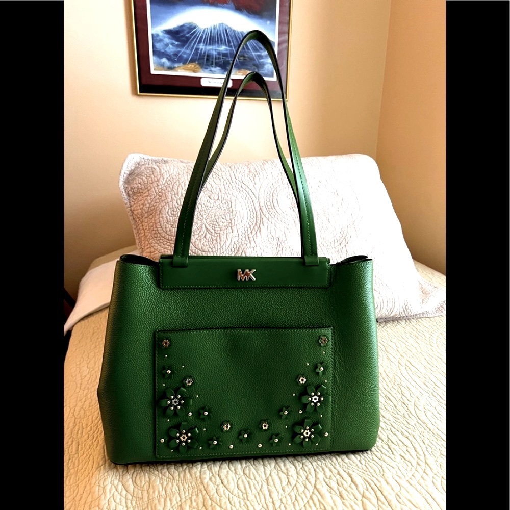 SOLD NWT$338 Authentic MICHAEL KORS Green Floral Handbag Purse Satchel - Picture 5 of 15